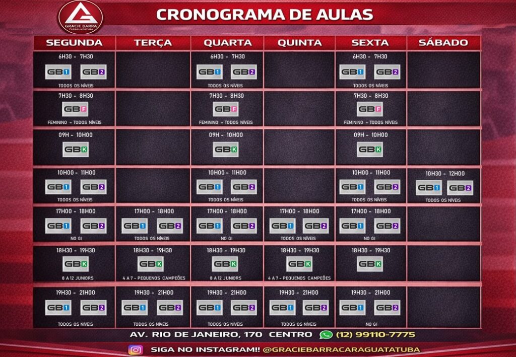 Cronograma de aulas de jiu-jitsu da escola Gracie Barra em Caraguatatuba